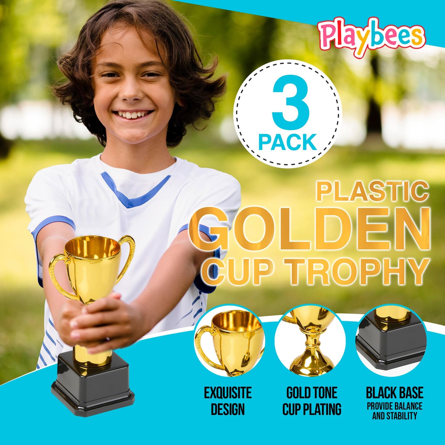 Playbees Fun Gold Plastic Trophies - 3 Pack - 7 Inch - Award Trophy Cup Set for Superstar Kids - Champion Celebrations, Sports Galore, and Victory Vibes - Desktop Toy