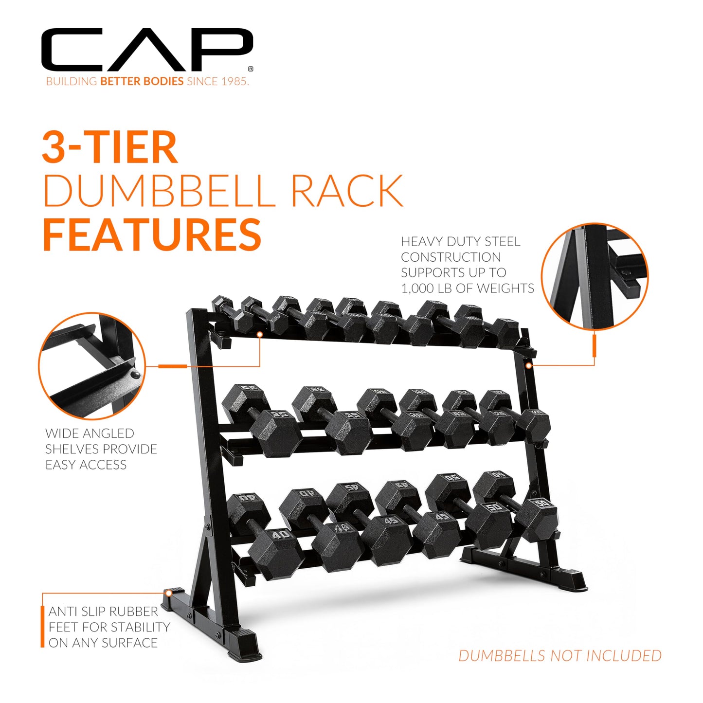 CAP 51-Inch 3-Tier Hex Dumbbell Storage Rack, Holds 5–50lb Pairs