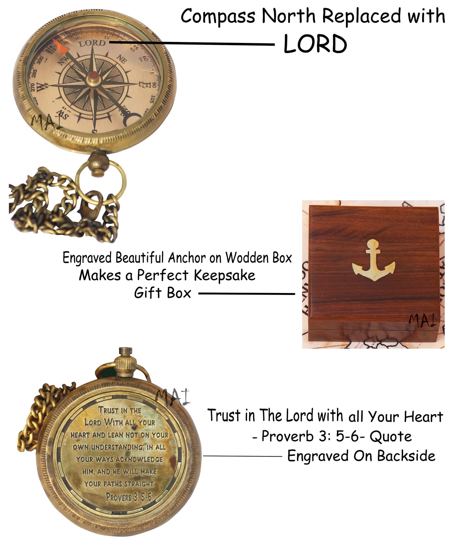Trust in The Lord With All Your Heart - Proverbs 3:5-6 Quote Engraved Compass with Wooden Box, Graduation Day Religious Gifts for Men Women Girls Boys (♱1 Trust in The Lord Compass -Proverbs 3: 5-6 ♱)
