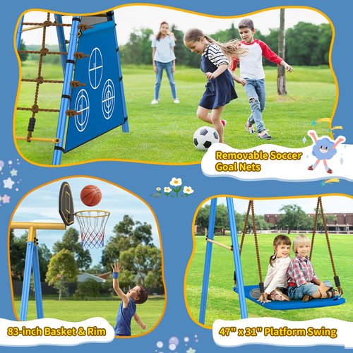 Stebovol 7 in 1 Backyard Swing Set 660lbs - Kid Outdoor Playground with Trapeze Bar, Platform Swing, Belt Swing, Climbing Rope & Ladder, Basketball Hoop, Soccer Goal for 3-8 Years Old