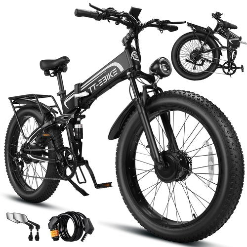 TT-EBIKE 5000W Dual Motor Folding Electric Bike Adults 42MPH with 60V 30AH Battery, 26x4 Fat Tire All Terrain Ebikes, Full Suspension E Bike, SHM 7-Speed Gear Electric Bicycle（63V）