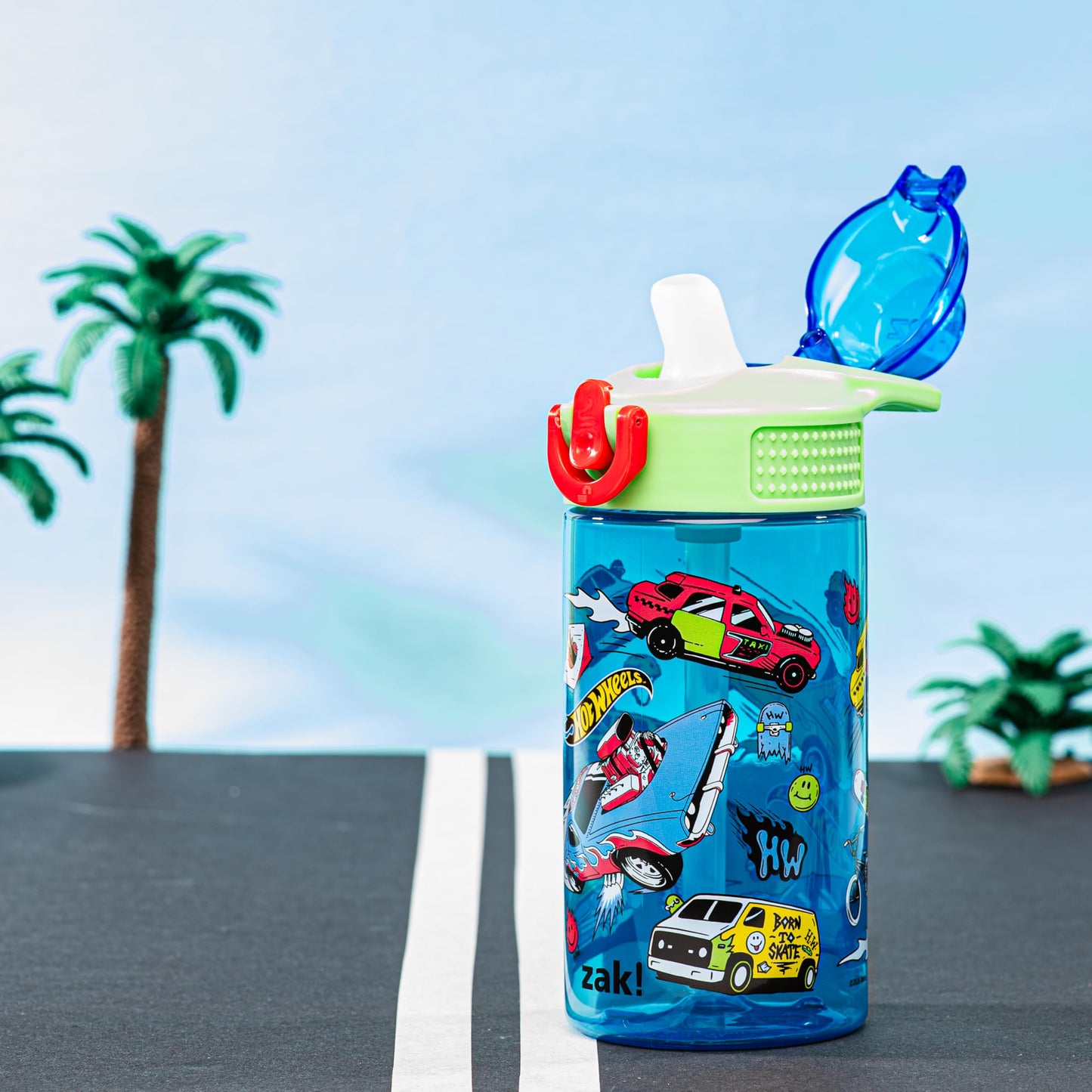 Zak Designs Mattel Hot Wheels Sage Kids Water Bottle For School or Travel, 16oz Durable Plastic Water Bottle With Straw, Handle, and Leak-Proof, Pop-Up Spout Cover (Hot Wheels)
