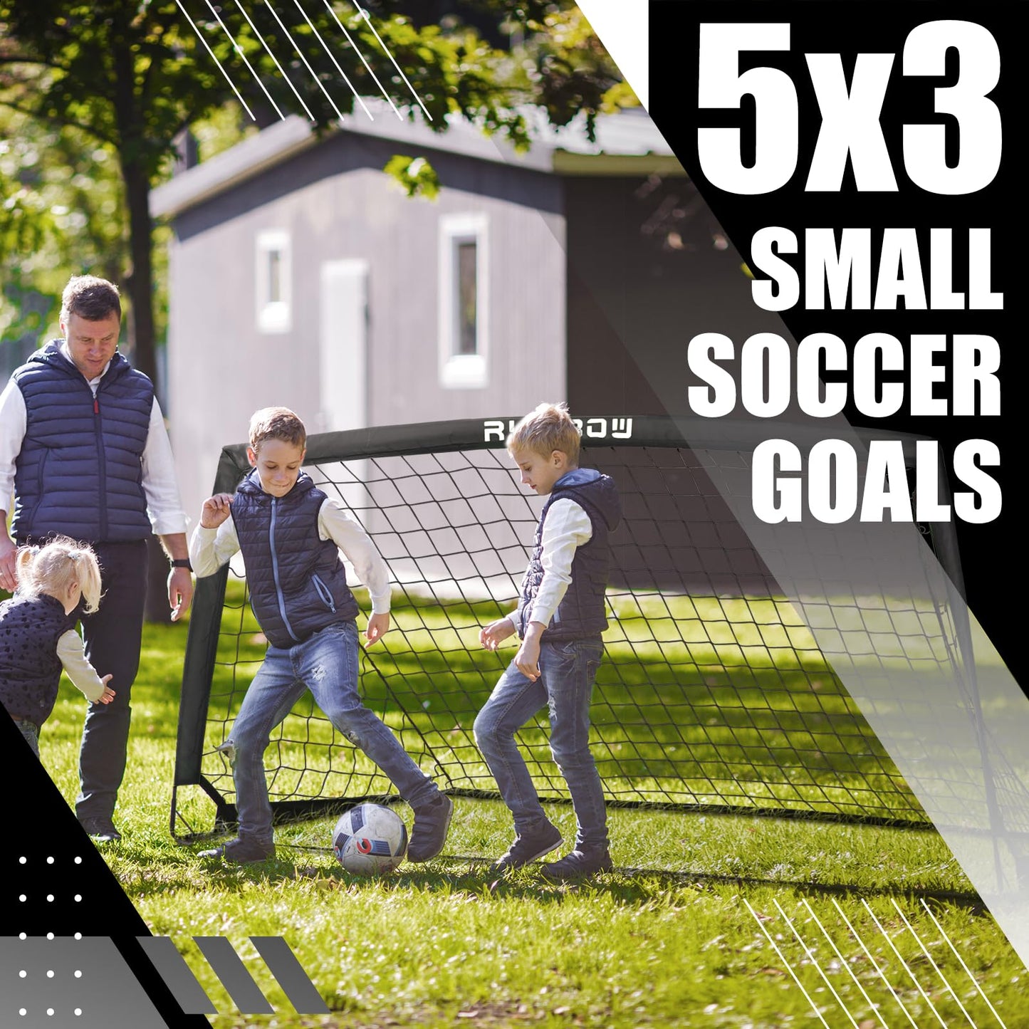 RUNBOW Soccer Goal for Backyard, 5x3 FT Portable Folding Soccer Net with Carry Bag for Kids and Adults Indoor/Outdoor Training Practice Use (Black, 5x3 FT, 1 Pack)