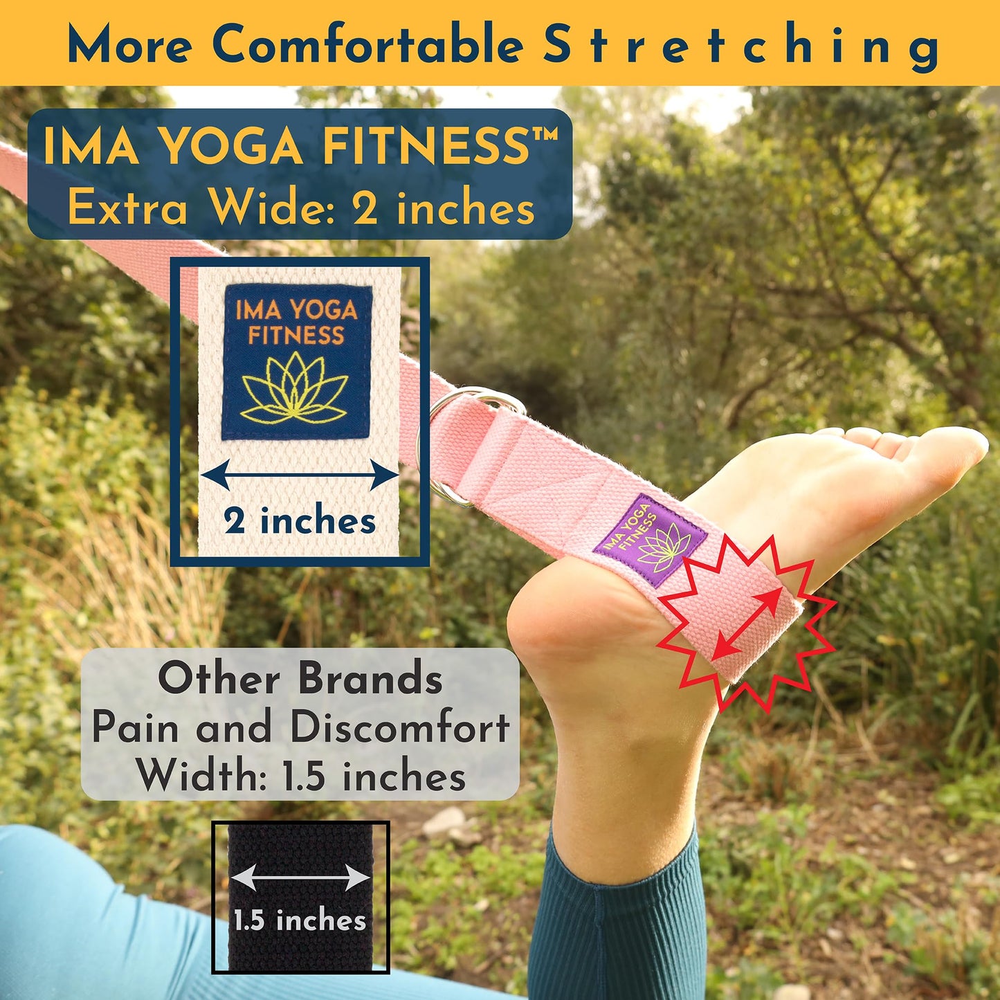 Ima Yoga Fitness - Adaptive Yoga Strap, Yoga Stretching Strap, Extra-Wide 2 Inches, 100% Naturally Soft Cotton, Steel D-Rings, Includes 100% Natural Cotton Storage Pouch (Natural, 8 feet)
