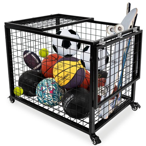 Ball Cart Garage Sports Equipment Organizer with Lockable Lid, Basketball Storage Bin for Indoor Outdoor, Rolling Exercise Ball Cart Holder for Gym, School, Club