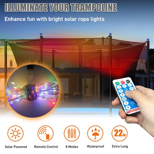 6PCS Trampoline Replacement Poles and 14FT Enclosure Net with Solar Light, Universal Trampoline Replacement Net and Enclosure Pole with Caps & Hardware, Fits 14FT Round Frame with 6 Straight Pole