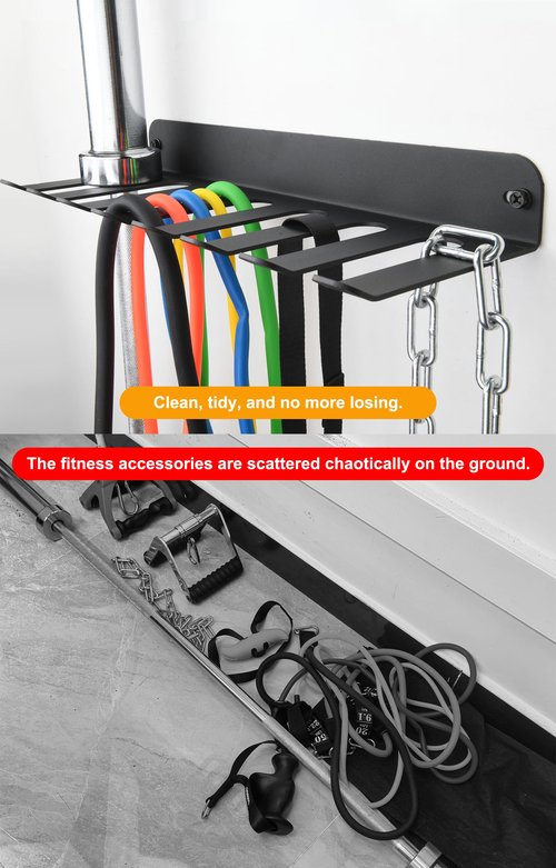 Performance Seven Bars Holder Storage,Custom Powder Coated HEAVY-DUTY STEEL Mount Wall Rack Storage Rack,Weight Room Organizer with 8 Wall Hooks for Exercise Bands Jump Ropes Chains Lifting Belts