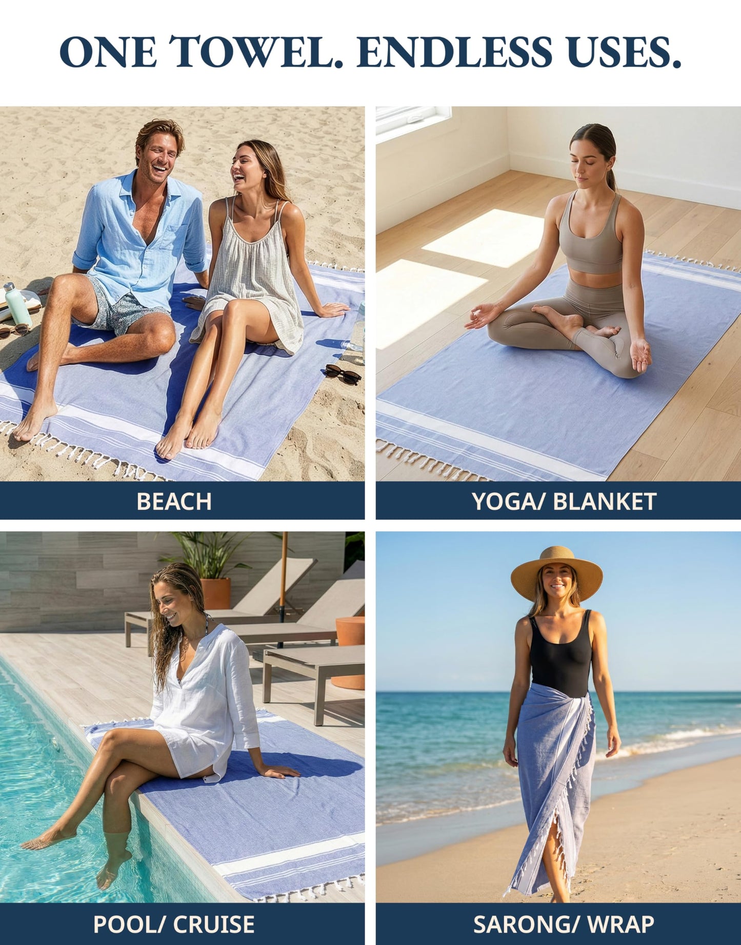 LANE LINEN Turkish Beach Towels, Extra Large Beach Towel, Pre-Washed for Soft Feel, Oversized Sand Free Quick-Dry Pool Towel, Beach Towels for Adults,39" x71" - Forever Blue