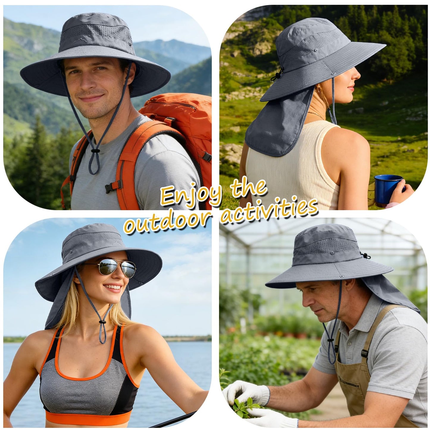 Sun Hats for Men Women, UPF50+ Protection Safari Hat,Wide Brim Fishing Hat with Neck Flap,Bucket Hats for Beach Hiking Darkgrey