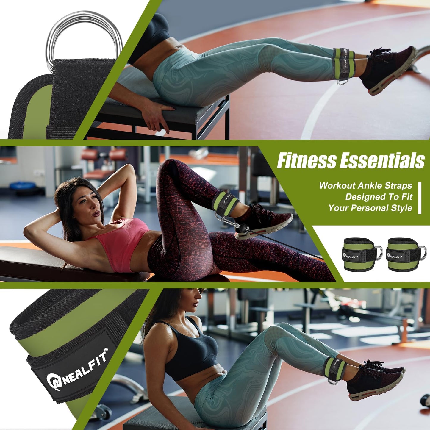 NEALFIT Ankle Strap for Cable Machine, Gym Ankle Cuff for Kickbacks, Leg Extensions, Glute Workouts, Booty Hip Abductors Exercise for Women and Men (Army Green, Pair)