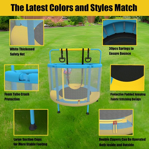 LANGXUN 60" Trampoline for Kids, 5ft Mini Toddler Indoor & Outdoor Trampoline with Net, Basketball Hoop & Dart Board, Birthday Gifts for Boys & Girls, Baby Toddler Christmas Toys (Blue & Yellow)