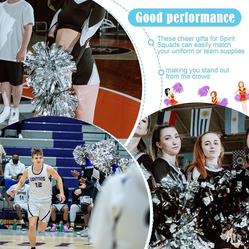 WILLBOND 12 Pcs Cheerleading Pom Poms with Baton Handle - Silver (Variation: Silver+12)
