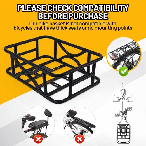 AUMENTAR Heavy Duty Rear Bike Basket for Adults, Large Metal Bicycle Cargo Basket with Removable Liner, Waterproof Cover & Cargo Net, Universal Fit for E-Bike, Mountain Bike, Dog Carrier