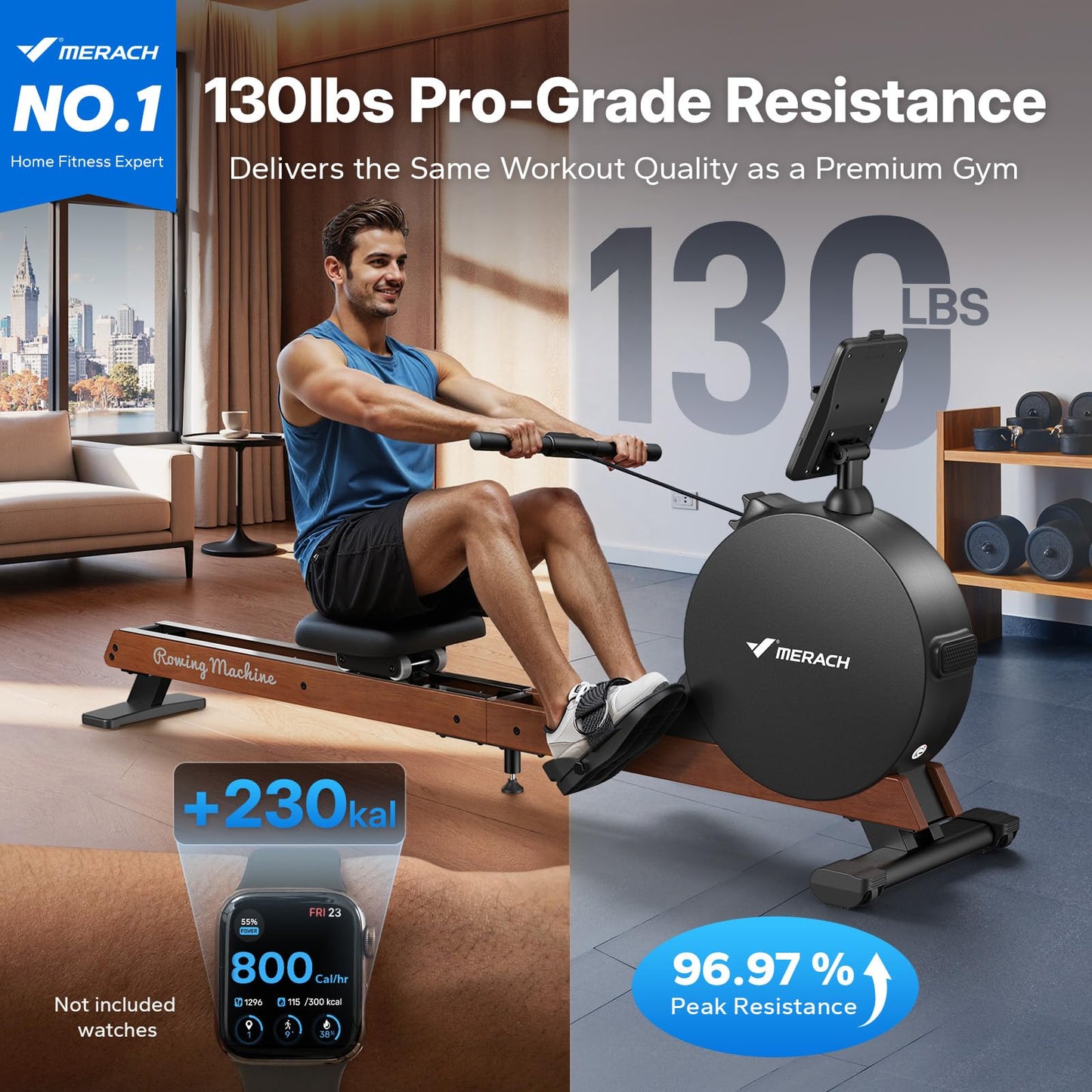 MERACH Pro-Grade Rowing Machines for Home, Smart Magnetic Rowing Machine with Self-Generation, Double Resistance and 400 LBS MAX Load, Wooden Tracks for Silent Sliding