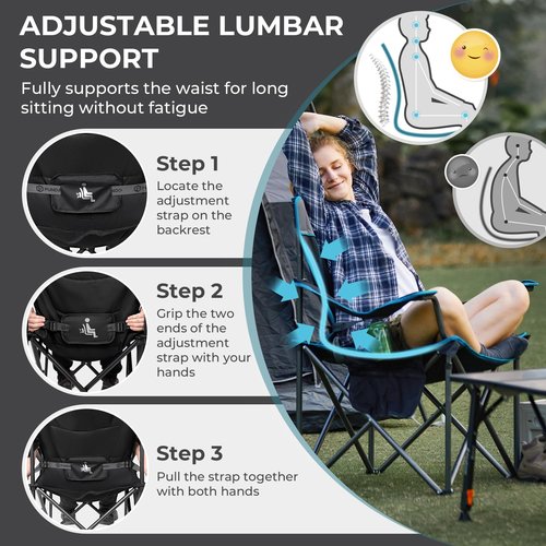 FUNDANGO Oversized Camping Chair for Adults, Heavy Duty Portable Foldable Lawn Chair with Padded Seat & Back, Lumbar Support, 4-can Cooler & Cup Holder, Carry Bag Included for Outdoor (Black)
