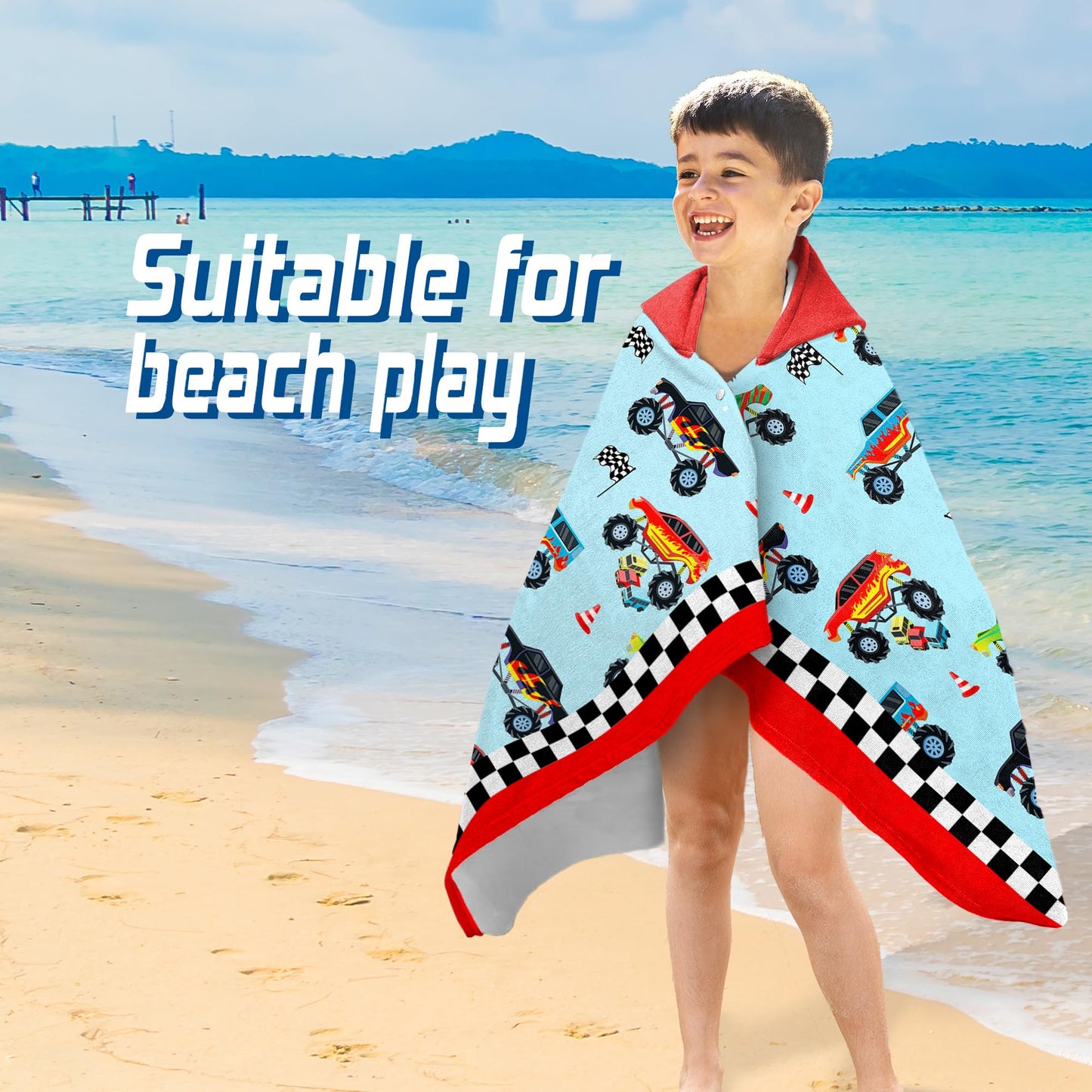 HSUIOFE Hooded Towels for Kids -Monster Toddler Beach Towel- Super Absorbent & Quick Dry 100% Cotton 30x50 Inch - to Kid Ages 3-10-Truck Cars Swim Towels