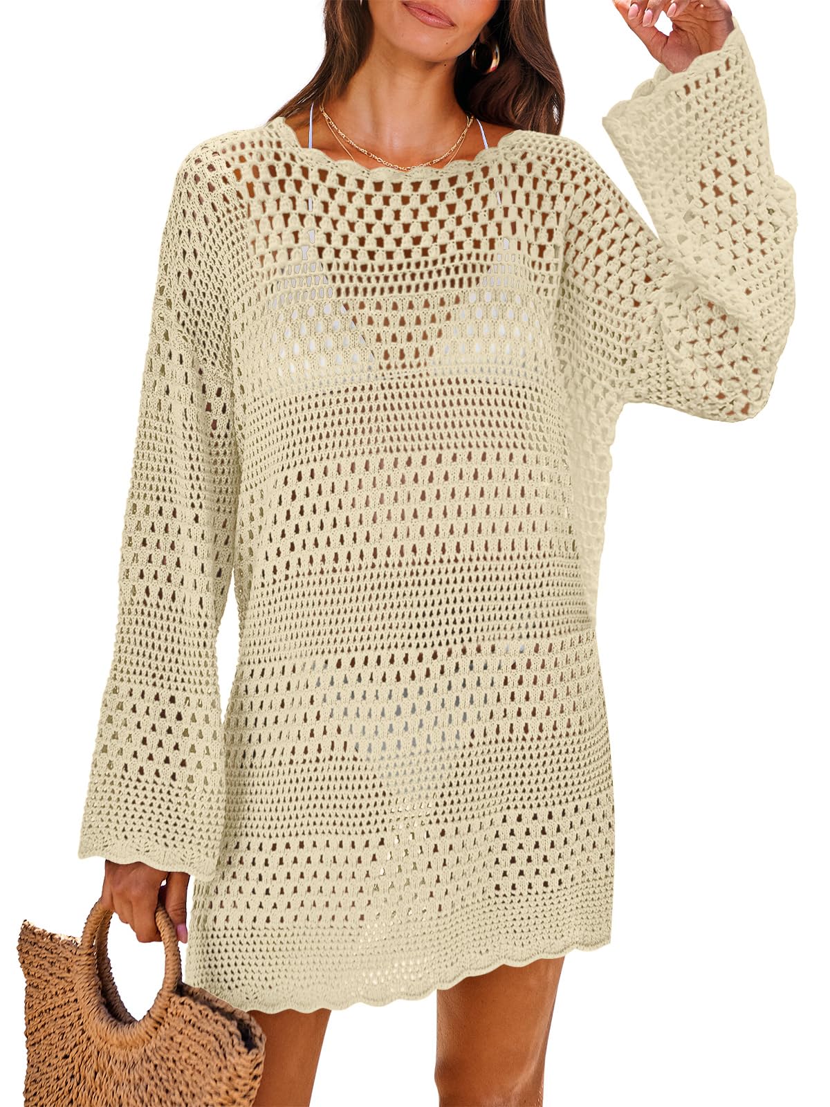 ANRABESS Women Swimsuit Crochet Swim Cover Up 2026 Summer Bathing Suit Swimwear Mesh Knit Beach Dress Vacation Outfits Beige Small