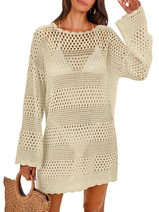 ANRABESS Women Swimsuit Crochet Swim Cover Up 2026 Summer Bathing Suit Swimwear Mesh Knit Beach Dress Vacation Outfits Beige Small