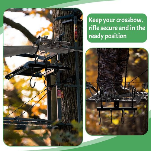Metal Tree Stand Gun Holder, Rustproof Tree Stand Gun Rest with 6 Organize Hooks Treestand Rifle Holder Hunting Equipment Treestands Accessories for Climbing Stand Men Hunting Gift, Easy Clamps On