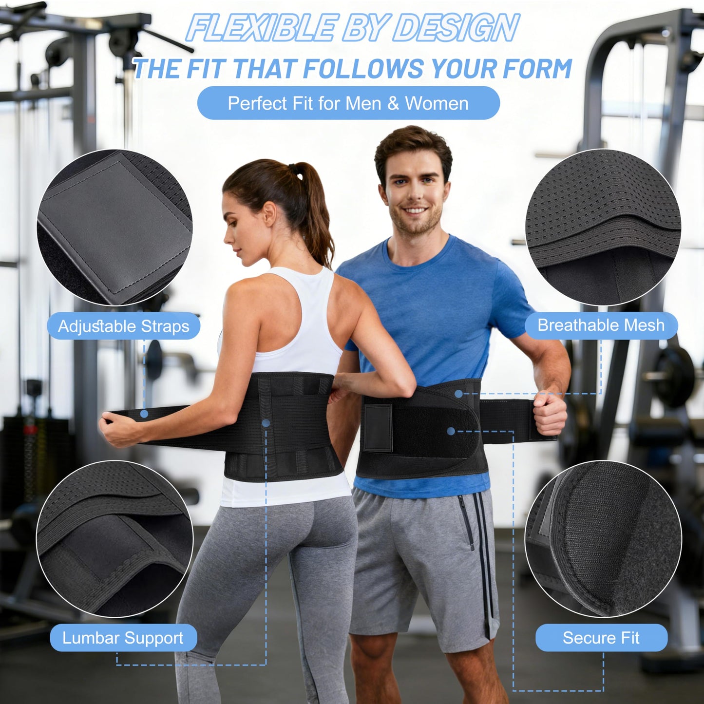 Quorblentz Back Brace for Men and Women Lower Back Pain - Sciatica, Scoliosis, Herniated Disc Relief - Workout Body Shaping Back Brace With 4X Powerful Lumbar Support and Dual Adjustable Support Straps Black-M