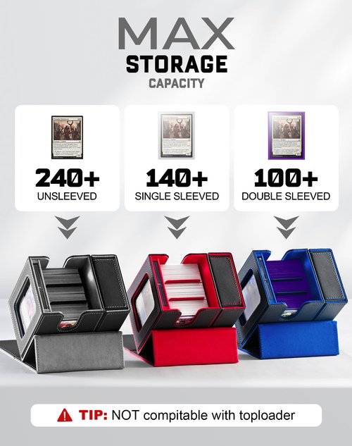 ZLCA MTG Commander Deck Box with Display Window, Card Deck Box Holds 100 Double-Sleeved with Dice Tray & 35pt Magnetic Card Holder （Black&Grey）