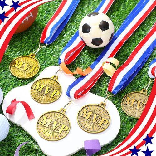 Loetere 30 Pcs 2'' MVP Award Medals Bulk with Neck Ribbons Gold Champ Trophy Most Valuable Player for Adults Games Sports Events Party Prizes Football Baseball Soccer Basketball Softball MVP Gift
