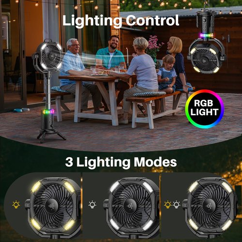 MAGTHIC Portable Camping Fan, 20000mAh Rechargeable Fan with Lights, Battery Powered, with Remote &Hook, Height Adjustable, 360° Oscillation, for Outdoor, Tent, Travel, Fishing