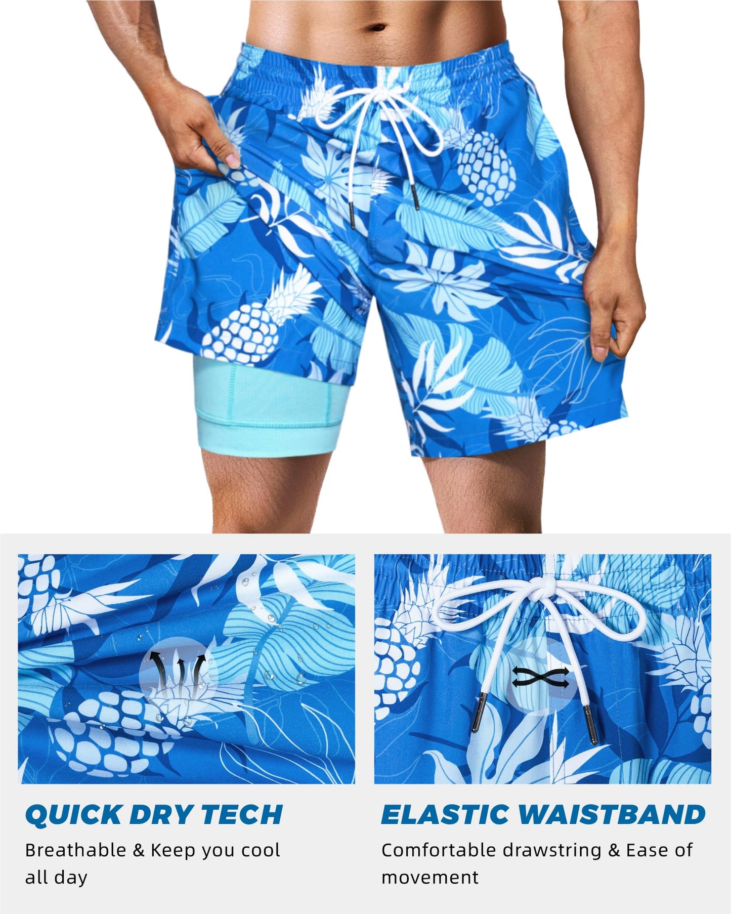 SURF CUZ Mens Swim Trunks with Compression Liner Swim Shorts 7" Swimming Trunks Stretch 7 Inch Swim Suits Quick Dry,Blue Summer,XL