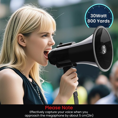 MyMealivos 30W Megaphone with Siren & 240s Record-Adjustable Vol Control Cover Up to 800 Yards Range Fit for Sport Games Cheerleading Coaches Event Organizers-Black