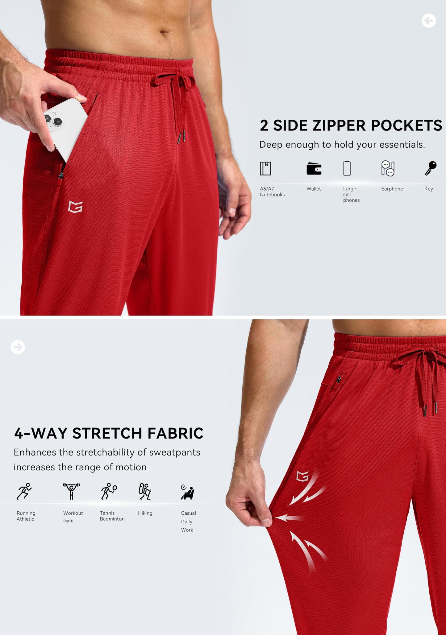 G Gradual Men's Sweatpants with Zipper Pockets Lightweight Mesh Athletic Pants for Men Open Bottom Workout Gym Running Red