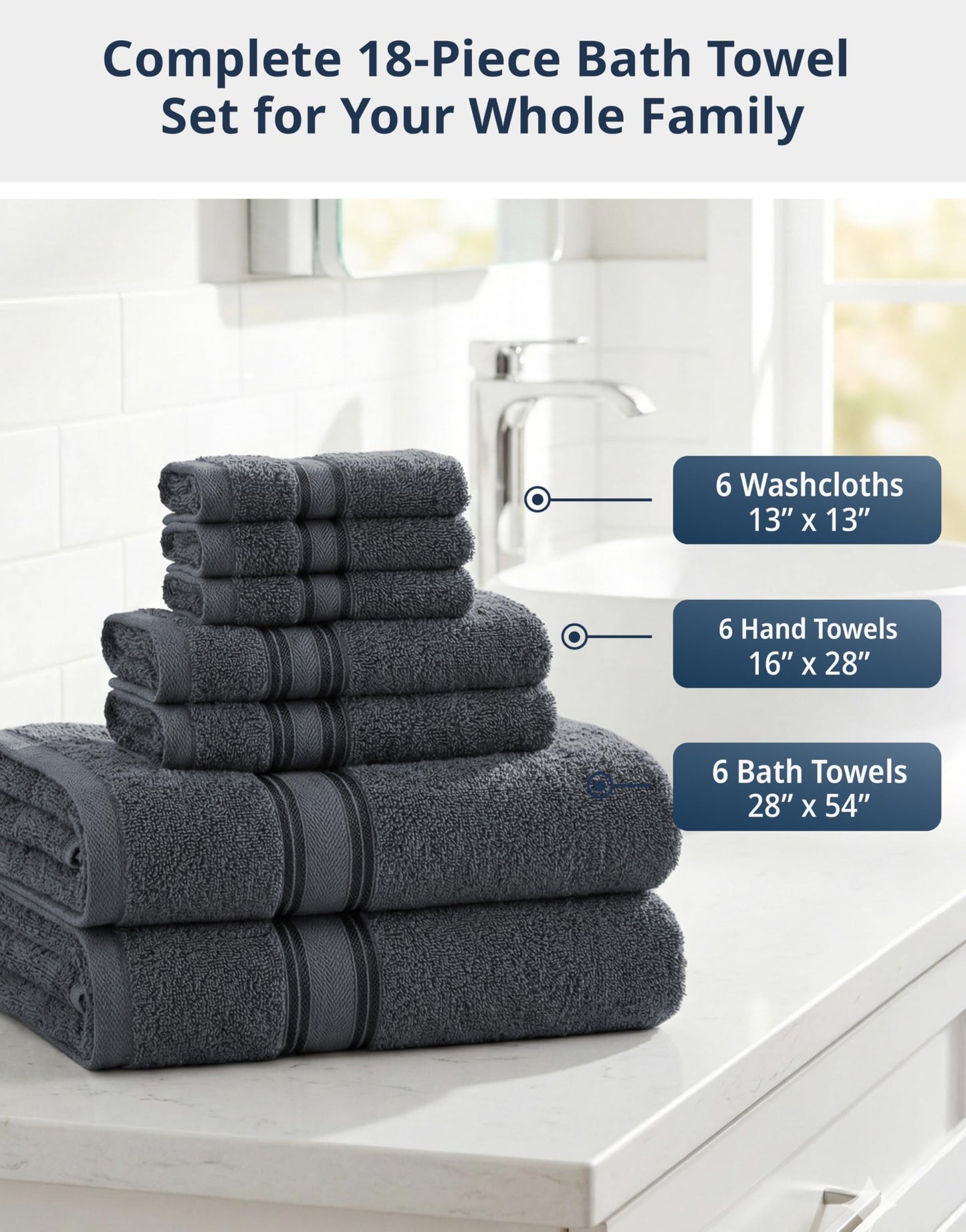LANE LINEN 100% Mercerized Cotton Bath Towels Set of 18 – Zero Twist, 6 Bath, 6 Hand Towel & 6 Washcloths, Soft, Ideal for Spa Hotel & Home, Gentle on Body, Durable After Multiple Washes – Cool Grey