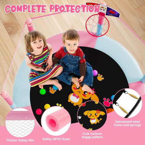 60" Trampoline for Kids, 5 FT Toddler Baby Trampoline with Safety Enclosure Net, Indoor or Outdoor Pink/Blue Small Trampolines with Basketball Hoop, Birthday Gifts for Kids, Gifts for Girl Age 3-8
