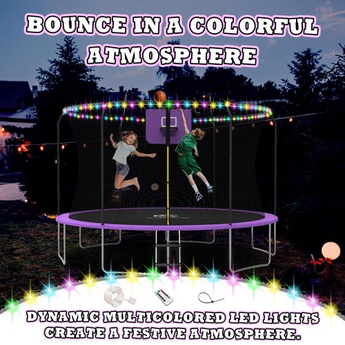 ACWARM HOME 14 FT Trampoline for Kids and Adults, Trampolines with Basketball Hoop and LED Lights,Trampoline Outdoor with Net, ASTM Approved, Purple