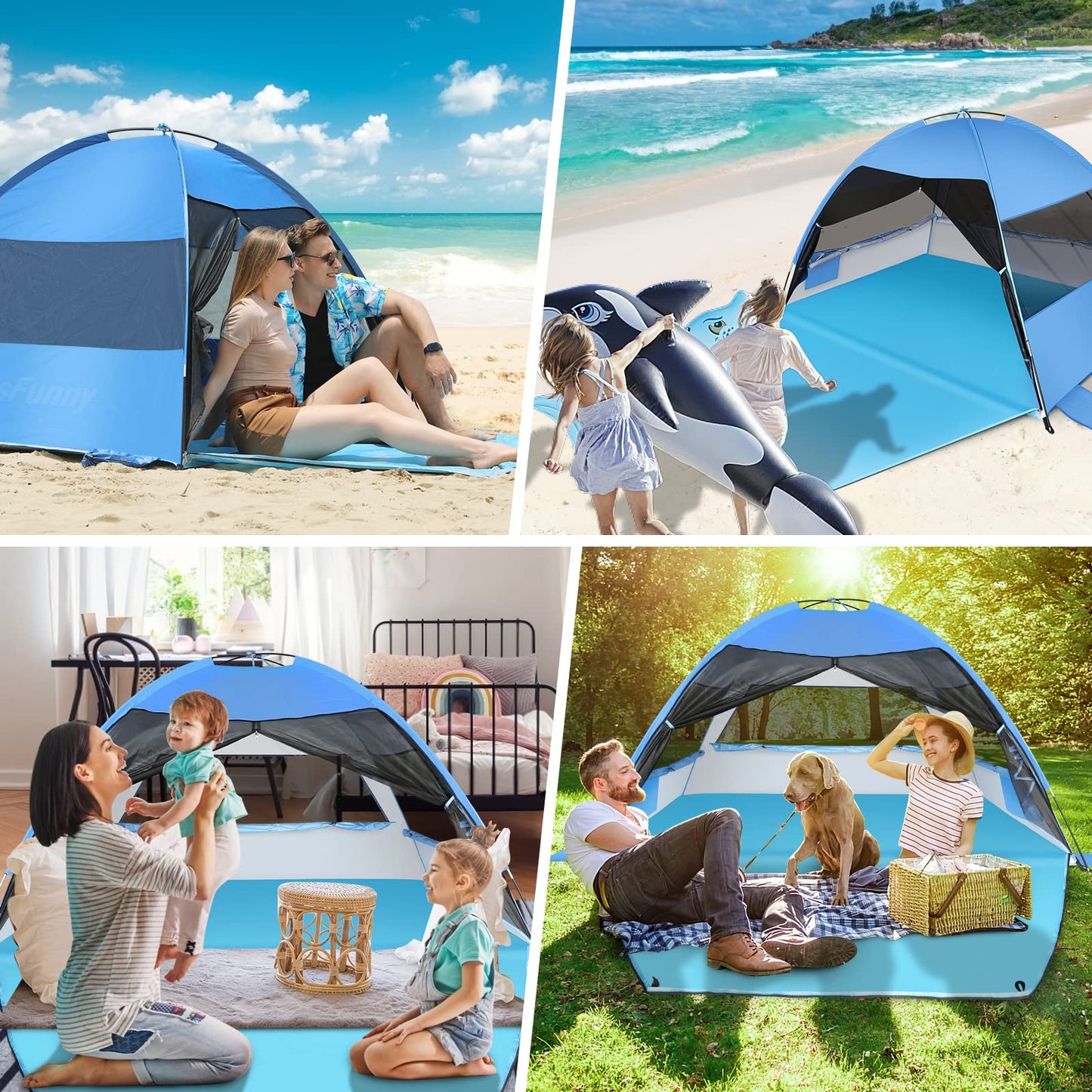 Large 3-4 Person Beach Tent - UPF 50+ Anti-UV, Easy Setup with Extended Floor & Mesh Windows, Portable for Camping Fishing (Blue)