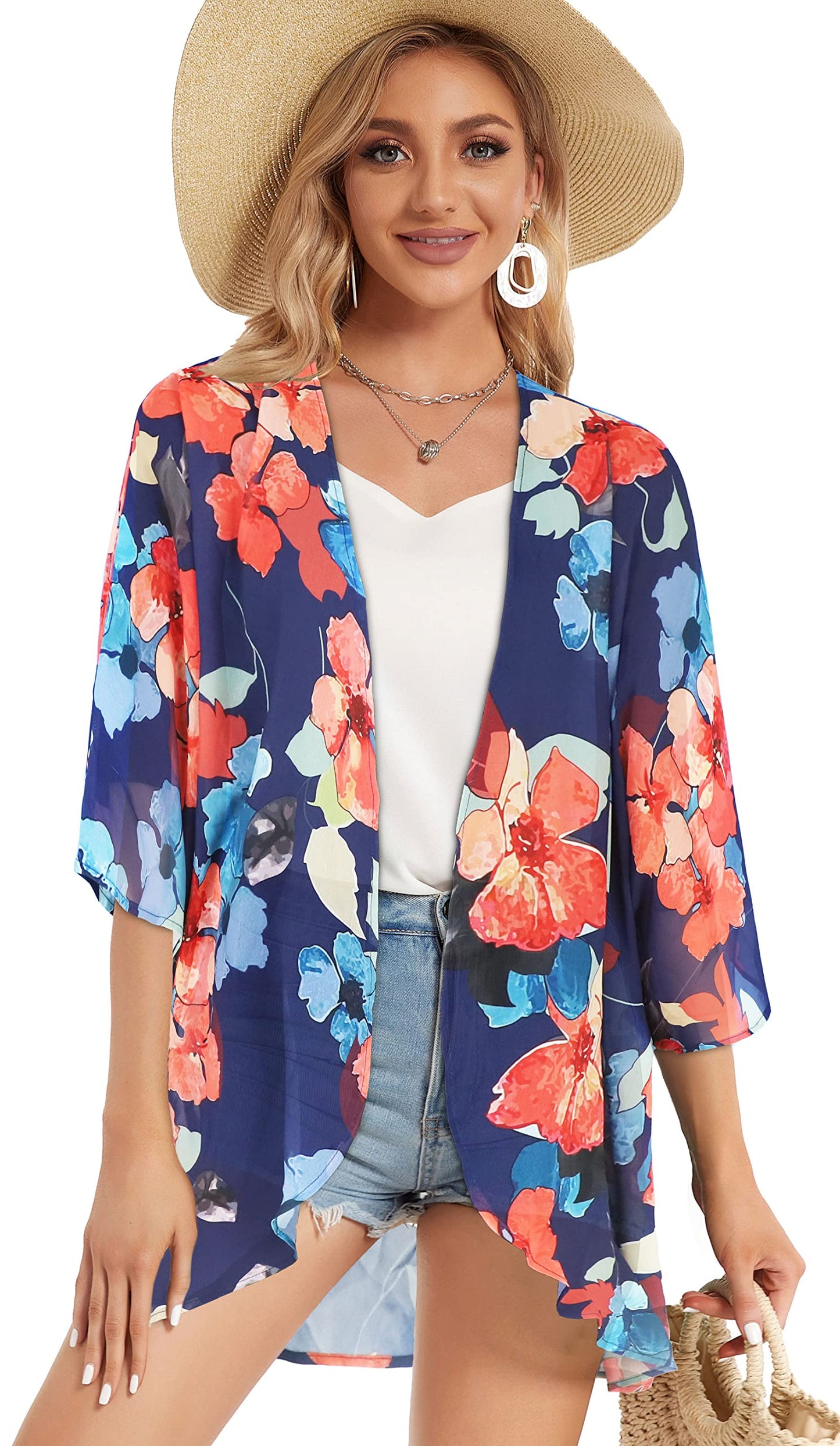 Summer Kimono Cardigan for Women Sheer Light Tops Casual Open Front Swimwear Shirts Beach Cover ups (Oil Blue,3XL)