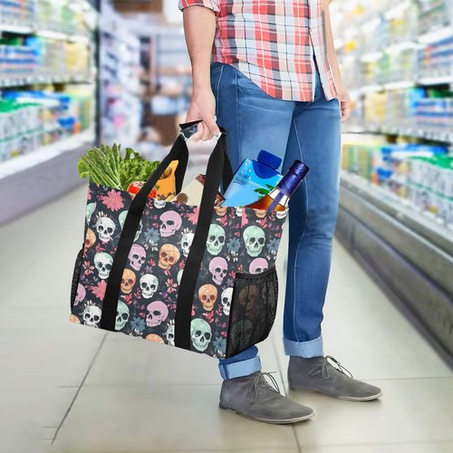 Bolaz Travel Tote Bag，Gym Bag for Men,Waterproof Beach Bag for Women Foldable Reusable-Colorful Skull Flowers5