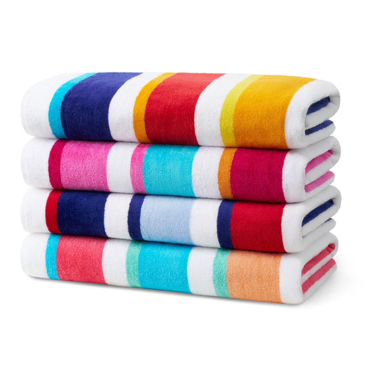 Kaufman - Joey Velour Colored Classic Multi-Color Stripe Beach & Pool Towel - Large 100% Combed Cotton Beach Towel - Soft & Absorbent Colorful Towels - 30" x 60" - 4 Pack