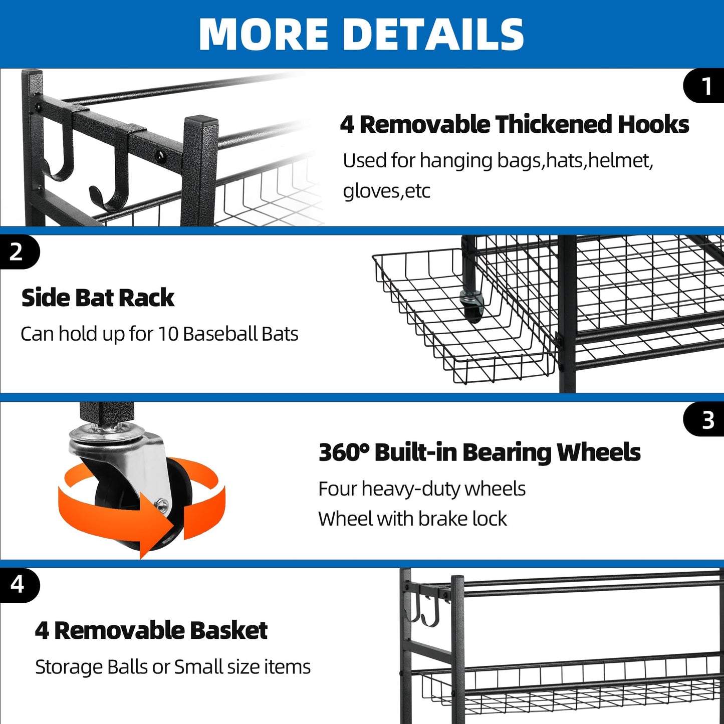 YOUNITA Garage Sports Equipment Organizer, Ball Storage Rack,Garage golf Organizer with Basket and Hooks,Rolling Sports Ball Storage Cart for Toy Gear Storage (45.71 inch)