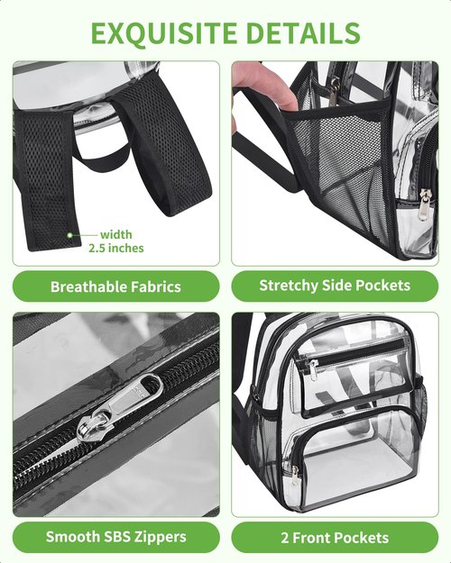 MAY TREE Clear Backpack Stadium Approved for Women and Men, Clear Bag for Stadium Events, Transparent bag for Concert Sporting Festival, Black
