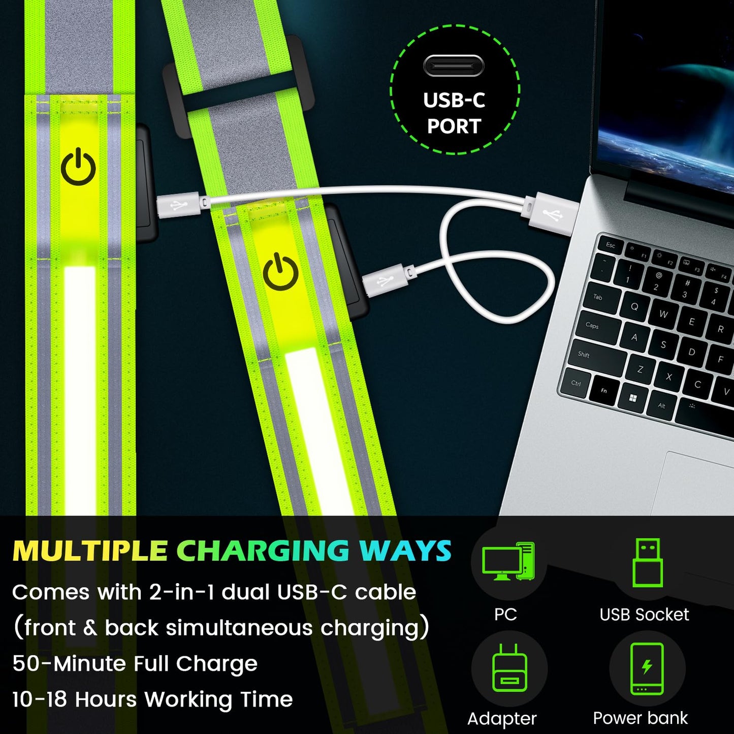 LED Reflective Running Gear High Visibility Reflective Belt Sash with Armband for Walking at Night,Adjustable Running Safety Gear Light Up Running Belt for Runners Walkers Men Women (Green)