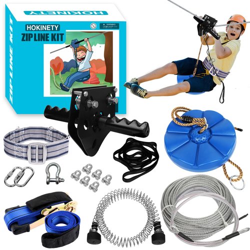 HOKINETY Zip Line Kit for Kids Adults : 100FT Up to 380Lbs - Quick Tighten Zipline for Backyard Outdoor with 100% Rust Proof Removable Trolley Seat Spring Brake