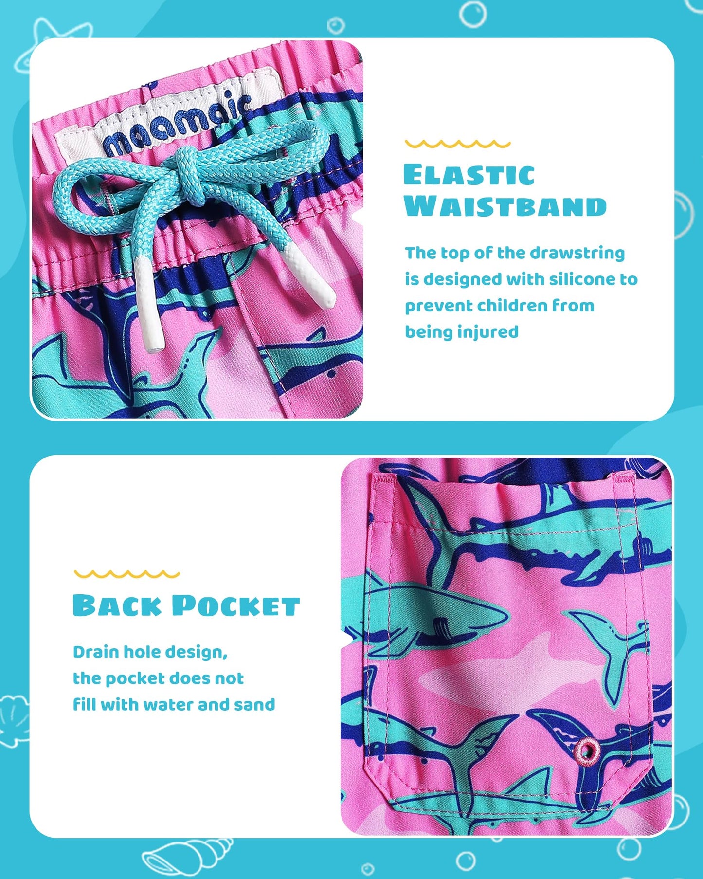 maamgic Boys Swim Trunks with Compression Liner Toddler Stretch Swim Shorts Quick Dry Swimming Trunks Boxer Brief 2 in 1 Beach Shorts Pink Blue Shark 14/16