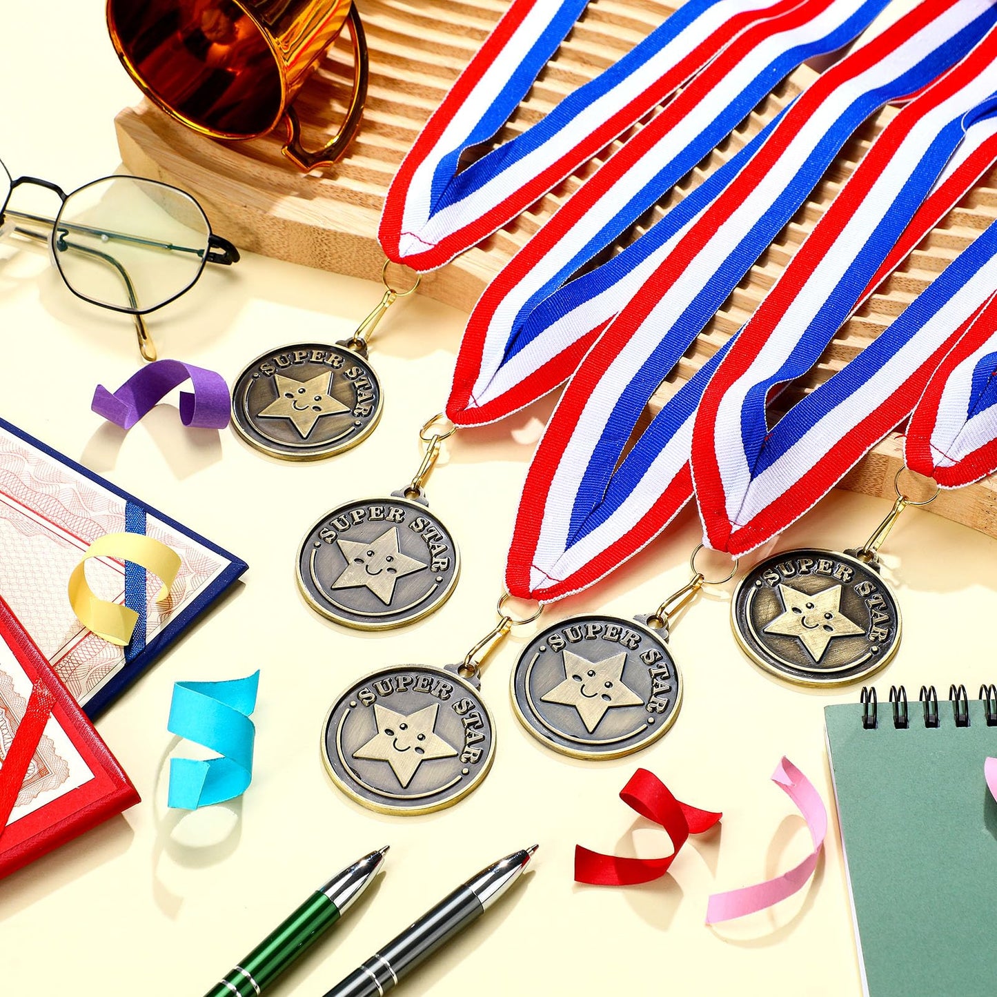 Remuuly 30 Pcs 30/60/100 Pcs Super Star Award Medals Hero Stuent Medals Bulk 2'' Gold Award Medallion with Neck Ribbon Metal Trophy Prize Gifts for Competition Party Favor Supplies (Super Star)