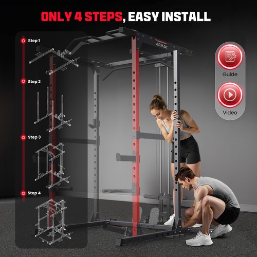 ARMAC Power Cage,1500lbs Multi-Function Power Rack with Adjustable Cable Crossover System and More Training Attachment (red)
