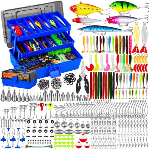 Japior Large 3 Layers Tackle Box with Tackle Included - 471 Pcs Fishing Gear Accessories Kit Contains Minnow,VIB,Crankbaits,Hooks, Weights,Other Accessories Fishing Gifts for Men and Adults