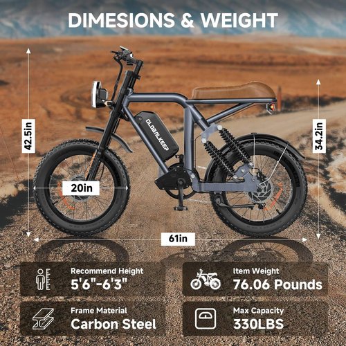 GLOBALKEEP Electric Bike for Adults, 750W/1500W Peak Motor, 60-Mile Range(PAS), 20"x4.0" Fat Tire Ebike, 4-Point Rear Suspension, 720Wh Battery, UL2849 Certified, All-Terrain Moped E-Bike