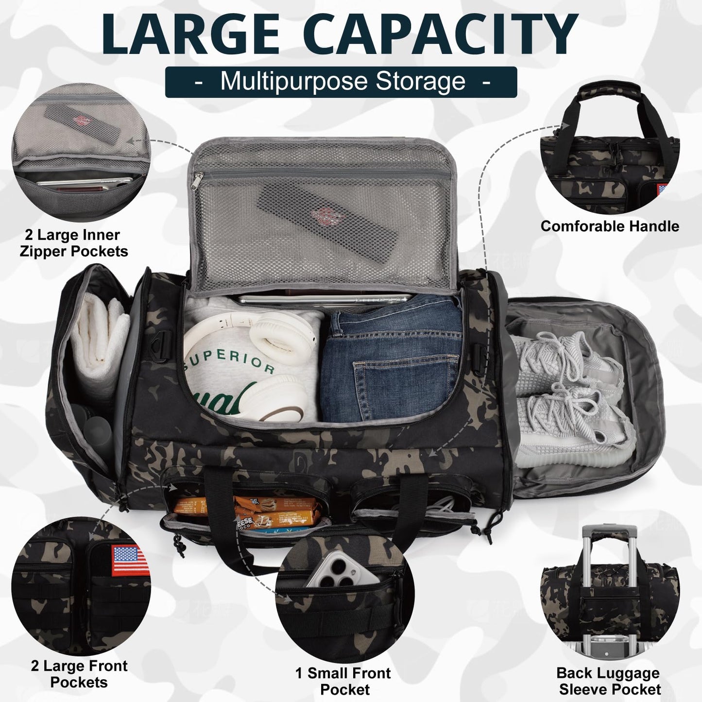 Tactical Gym Bag for Men，70L Large 3 in 1 Sports Duffle Bag with Shoes Compartment for Travel,Water Resistant Travel Backpack Weekender Overnight Bag with Wet Pocket for Women