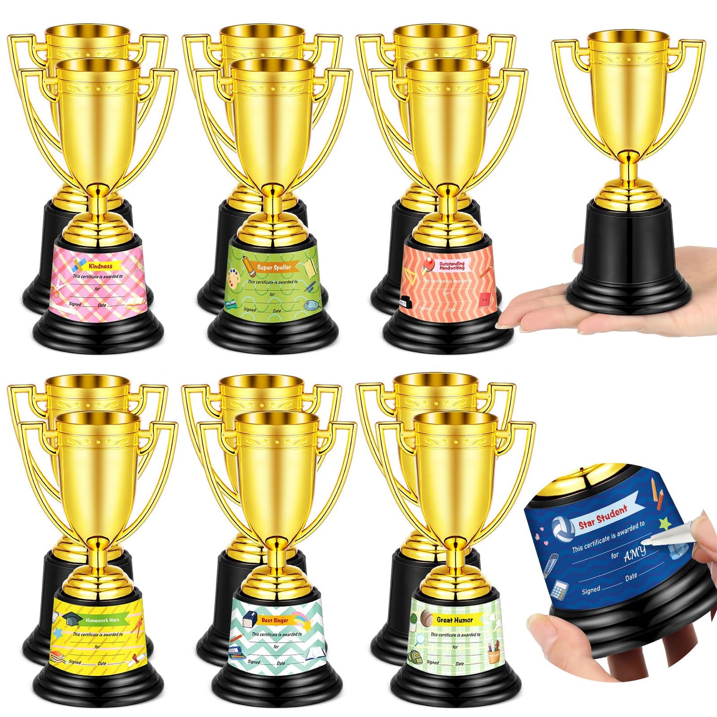 12 Pcs Bulk Mini Trophies 5.7 Inch Plastic Gold Trophy Cups with Award Certificates Stickers for Student Recognition Rewards End of Year Sports Tournament Winning Prizes Party Favor Competition Office