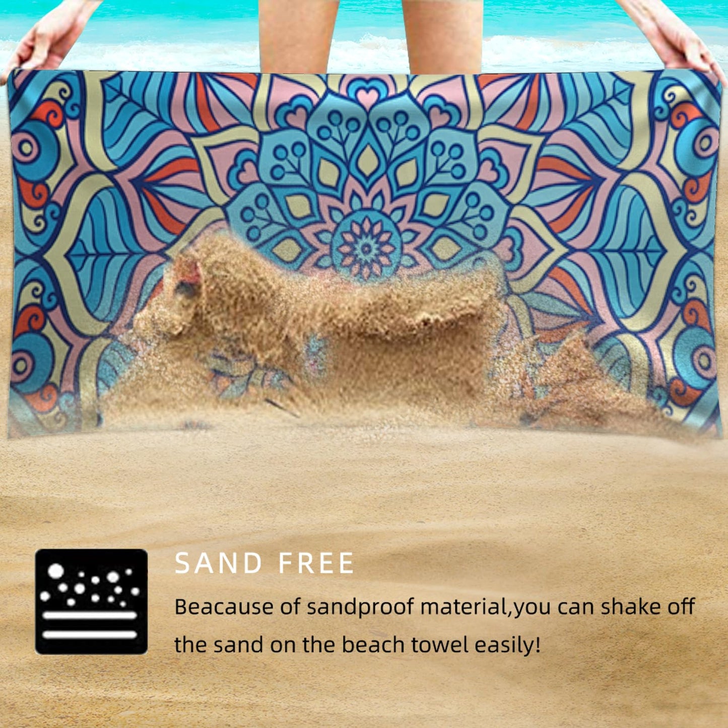 Auxory Beach Towel Microfiber 60"x30" Lightweight Sand Free Quicy Dry Blue Mandala Travel Towels Swim Pool Yoga Gym Camping for Women Men Girls Kids Beach Essentials Accessories Vacation Gift