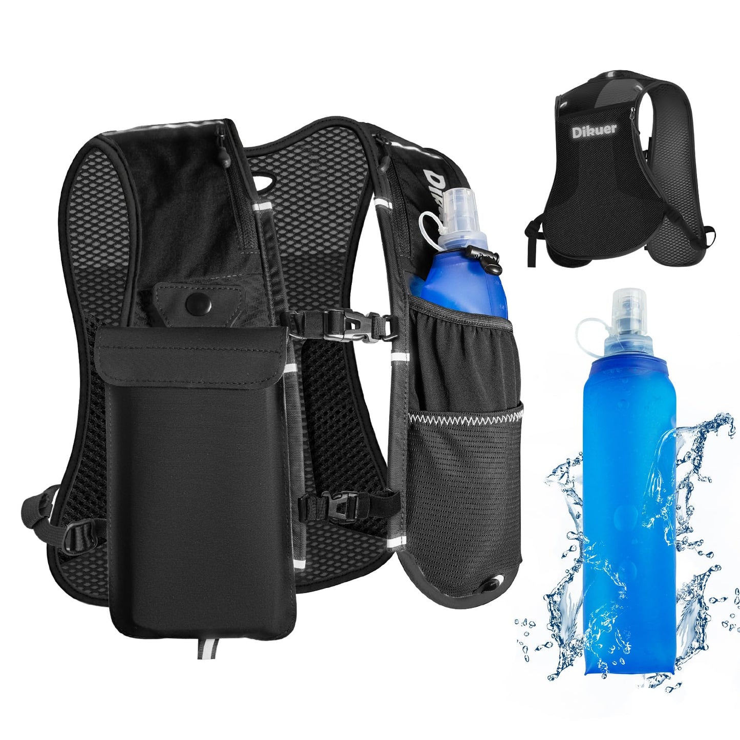Running Vest for Women Men, Lightweight Hydration Runner Vest with Transparent Waterproof Phone Pocket, 17oz Soft Flask, Adjustable Chest Straps Reflective Backpack for Hiking Cycling Jogging